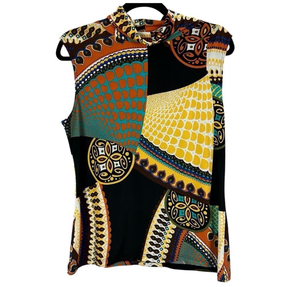 Papillon Blanc Green and Yellow Graphic Sleeveless Blouse Size XL
